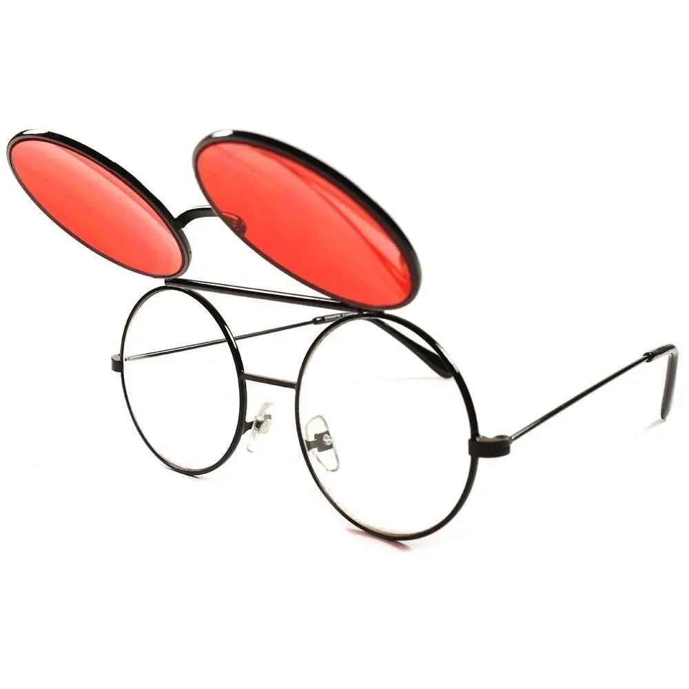 Vintage Retro Mens Womens Django Lennon Black Flip Up Red Lens Round Sunglasses